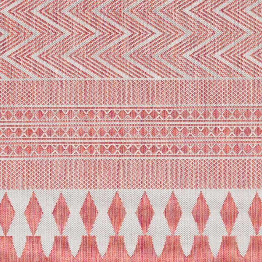 Close-up of the Asif Orange Area Rug showing the geometric diamond, chevron, and stripe pattern. Terracotta and cream colors. Swatch