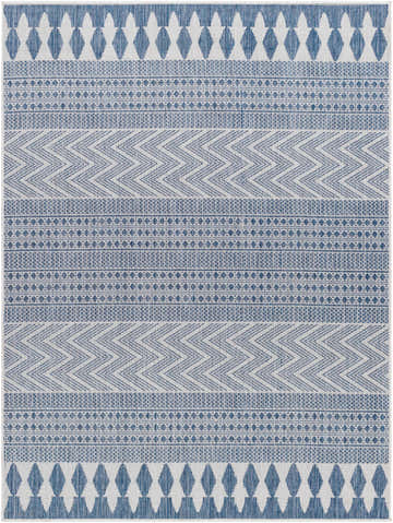 Close-up of the Asif Blue Area Rug, a machine-woven rug with farmhouse style geometric patterns in denim and silver gray. Design-Rectangle-537