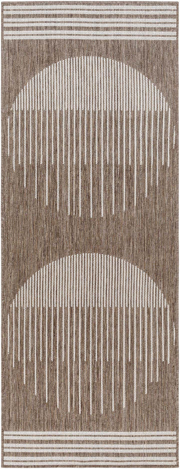 Close-up of the Aviya Brown Area Rug showing its brown and off-white striped and semi-circle pattern. Design-Runner-2773