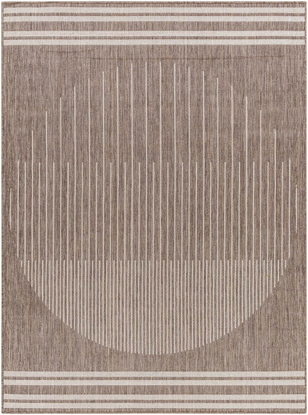 Close-up of the Aviya Brown Area Rug with a textured weave and off-white linear and striped pattern. Design-Rectangle-537