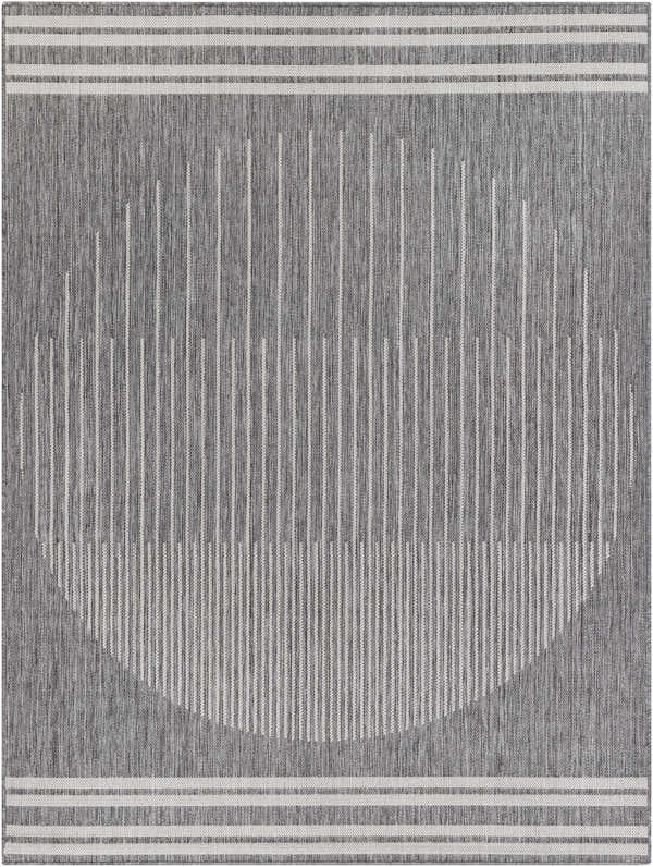 Close-up of Aviya Gray Area Rug. Charcoal, light gray, and off-white striped pattern, farmhouse style. Design-Rectangle-537