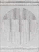 Close-up of Aviya Light Gray Area Rug, featuring a linear semi-circle design and striped borders. Design-Rectangle-537