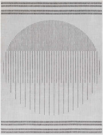 Close-up of Aviya Light Gray Area Rug, featuring a linear semi-circle design and striped borders. Design-Rectangle-537