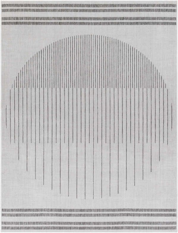 Close-up of Aviya Light Gray Area Rug, featuring a linear semi-circle design and striped borders. Design-Rectangle-537