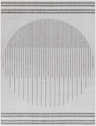 Close-up of Aviya Light Gray Area Rug, featuring a linear semi-circle design and striped borders. Design-Rectangle-537