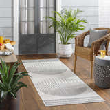 Sunroom scene with Aviya Light Gray Area Rug, wicker chair, potted plants, and wood floors creating a relaxing transitional space. Roomscene-Runner