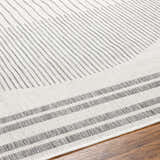 Close-up of Aviya Light Gray Area Rug showing its woven texture and geometric stripe pattern in gray and off-white. Texture