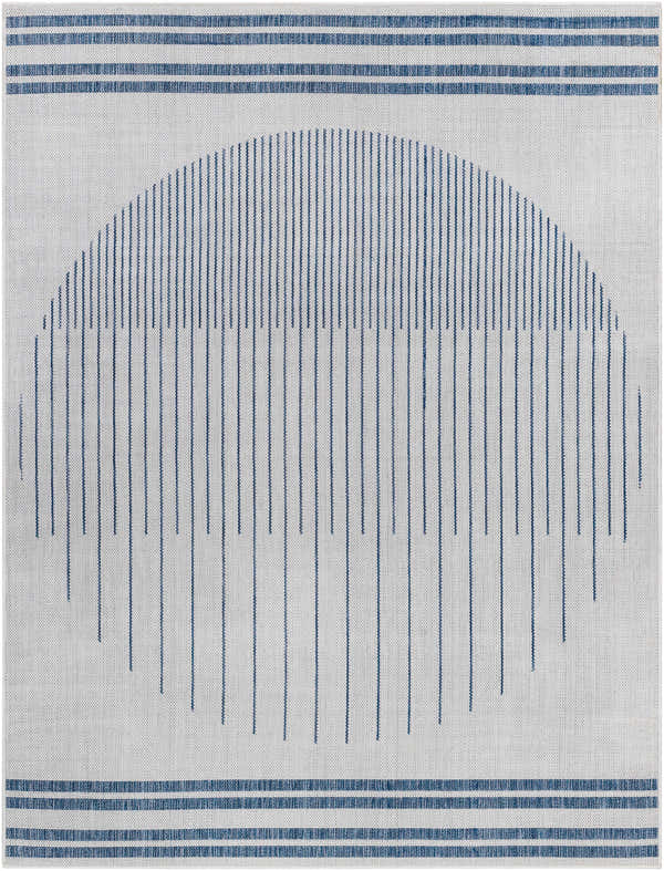 Close-up of Aviya Blue & Gray Area Rug. Off-white rug with blue stripes and a blue semicircle design. Farmhouse style. Design-Rectangle-537