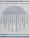 Close-up of Aviya Blue & Gray Area Rug. Off-white rug with blue stripes and a blue semicircle design. Farmhouse style. Design-Rectangle-537