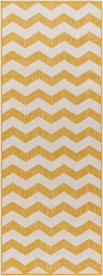 Close-up of Cheri Bone Area Carpet. Bone and sunshine yellow chevron pattern, machine woven texture. Design-Runner-2773