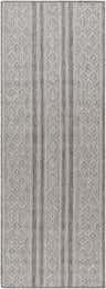 Close-up of the Cyan Area Rug, a machine-woven rug with a diamond pattern in charcoal, light gray, and off-white. Design-Runner-2773