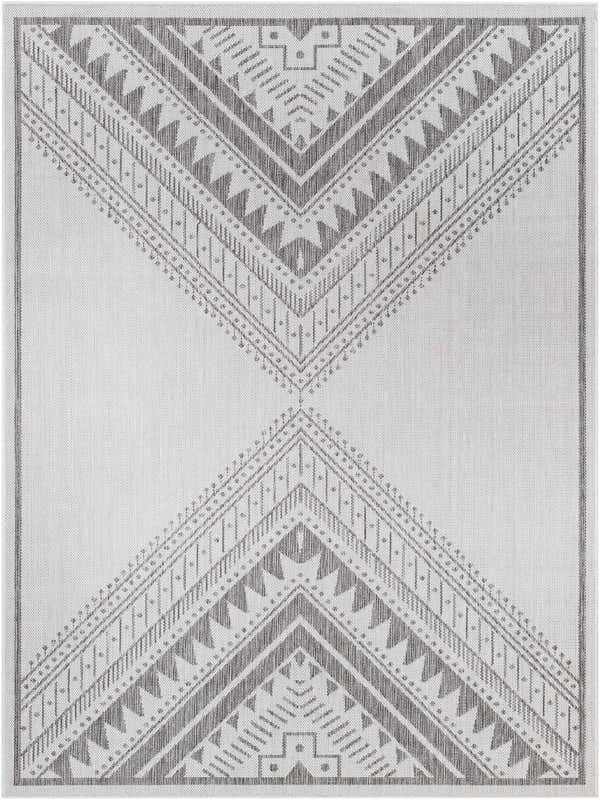 Close-up of the Deana Light Gray Area Rug, featuring a geometric, bohemian-inspired pattern in light and medium gray on an off-white base. Design-Rectangle-537