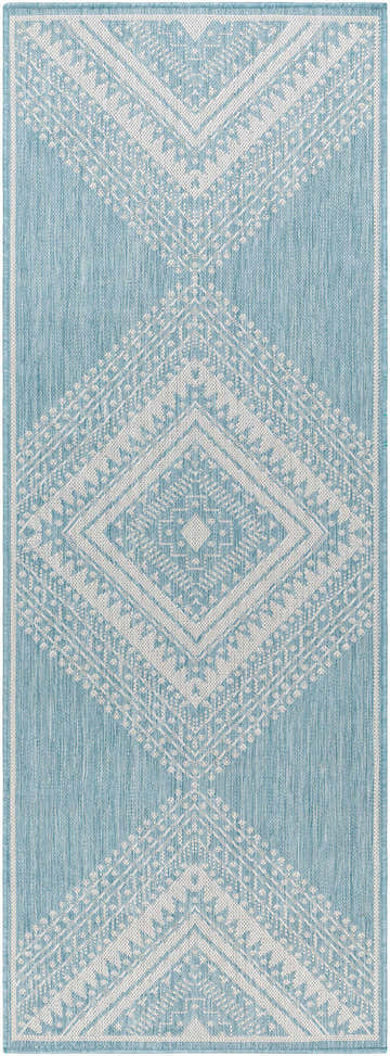 Close-up of the Deana Blue Area Rug featuring a geometric diamond pattern in denim and white. Design-Runner-2773