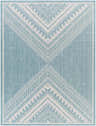 Deana Blue Area Rug, a close-up showing a geometric, transitional pattern in denim blue and white. Machine woven texture. Design-Rectangle-537