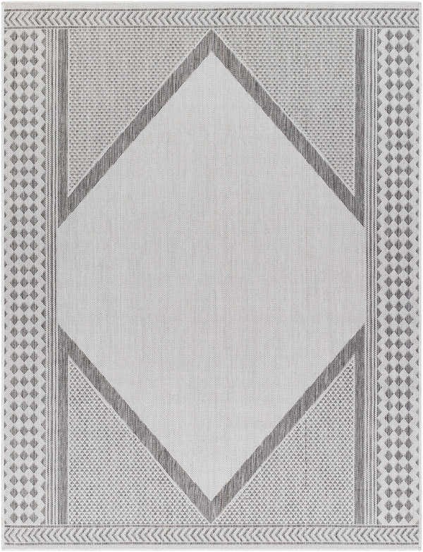 Close-up of the Efrem Off White Area Carpet. Features a gray diamond pattern and geometric details. Design-Rectangle-537
