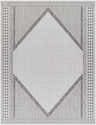 Close-up of the Efrem Off White Area Carpet. Features a gray diamond pattern and geometric details. Design-Rectangle-537