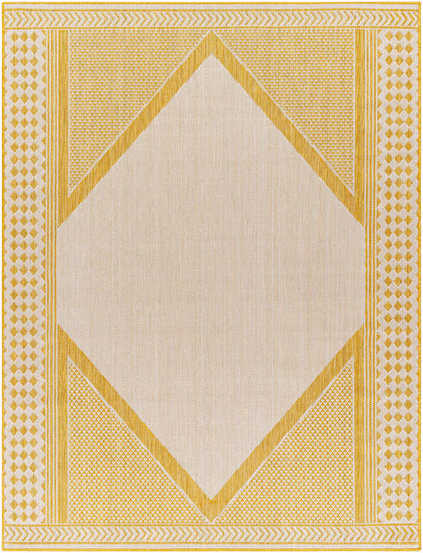 Close-up of Efrem Mustard Area Carpet: a geometric design with diamond shapes in mustard and off-white. Woven texture. Design-Rectangle-537