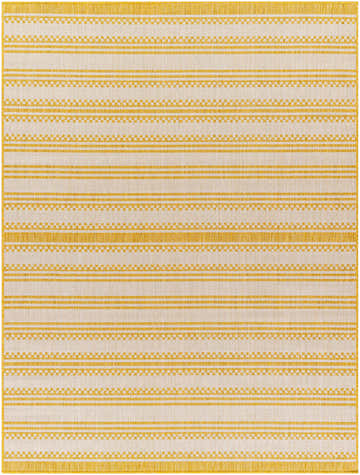 Close-up of the Engla Bone Area Carpet. Beige rug with horizontal stripes and geometric patterns in metallic gold. Design-Rectangle-537