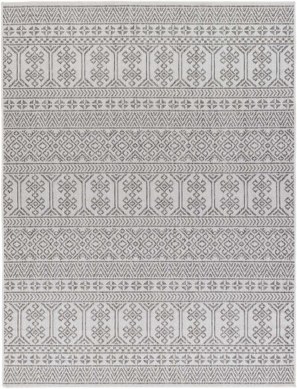 Close-up of the Kalb Area Carpet. Bohemian style rug with charcoal, light gray, and off white geometric pattern. Design-Rectangle-537
