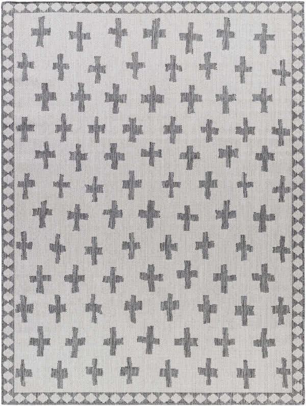Close-up of the Kyna Gray Area Rug featuring a plus sign pattern and a geometric border. Design-Rectangle-537