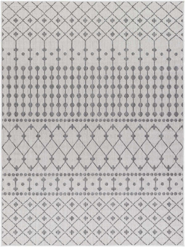 Close-up of the Lali Light Gray Area Rug featuring a geometric diamond and dot pattern in charcoal and light gray. Design-Rectangle-537