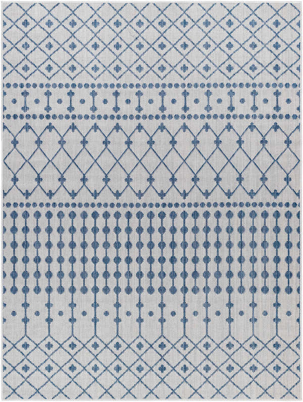 Close-up of the Lali Blue & Gray Area Rug, featuring a geometric diamond and dot pattern in denim blue on a light gray background. Design-Rectangle-537