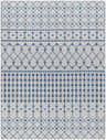Close-up of the Lali Blue & Gray Area Rug, featuring a geometric diamond and dot pattern in denim blue on a light gray background. Design-Rectangle-537