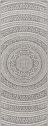 Close-up of the gray and silver Naim Area Carpet with a bohemian geometric pattern. Design-Runner-2773