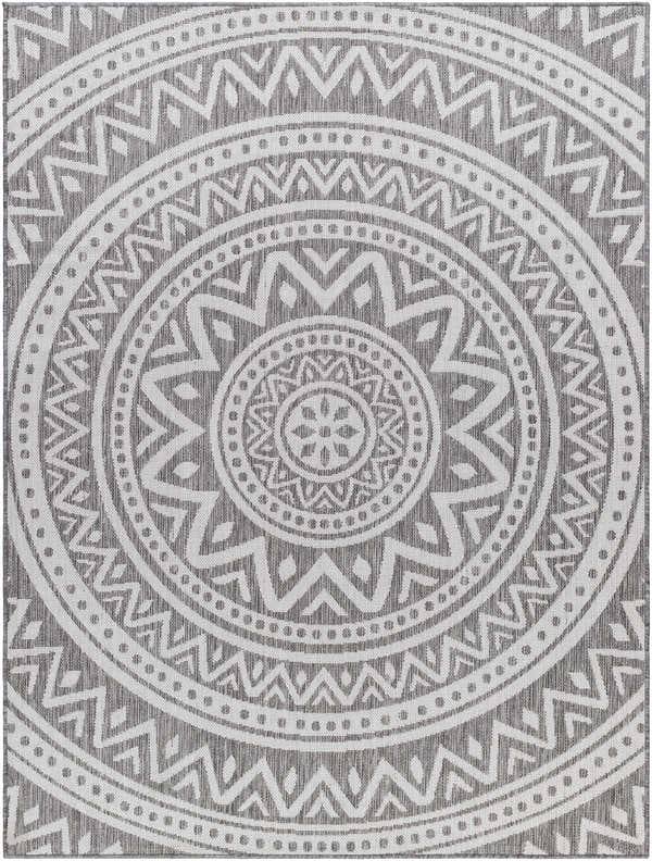 Close-up of the Naim Area Carpet in silver gray. Features a geometric, bohemian-inspired medallion pattern. Design-Rectangle-537