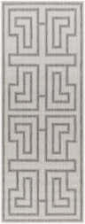 Close-up of Taro Light Gray Area Rug featuring a geometric Greek key design in light and medium gray on an off-white background. Design-Runner-2773