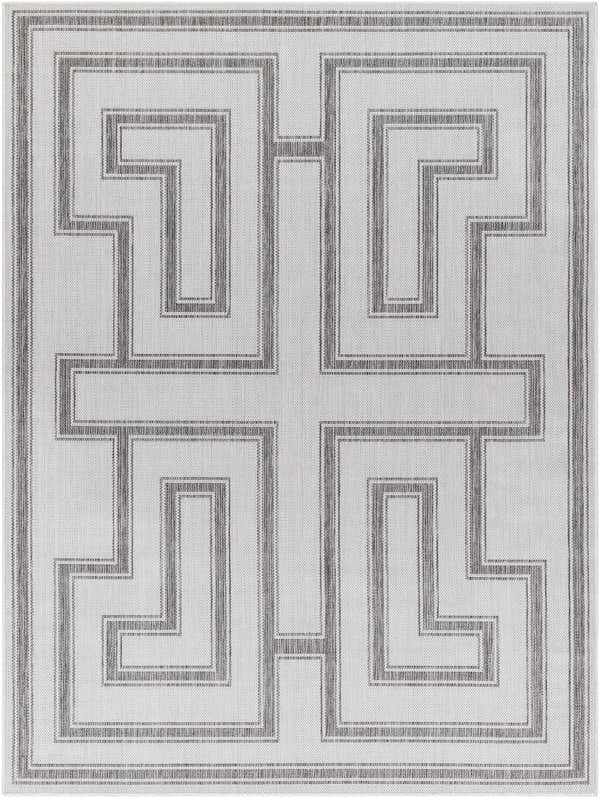Close-up of the Taro Light Gray Area Rug featuring a geometric Greek key design in light and medium gray tones. Design-Rectangle-537