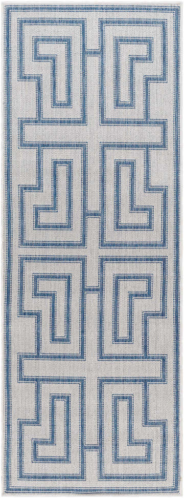 Close-up of the Taro Blue & Gray Area Rug, featuring a geometric Greek key pattern in denim blue on a light gray background. Design-Runner-2773
