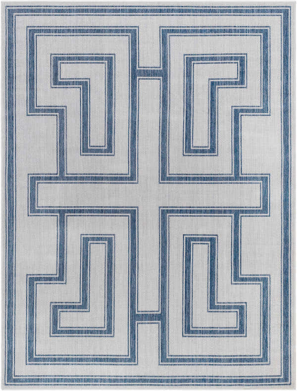 Close-up of the Taro Blue & Gray Area Rug, featuring a geometric Greek key pattern in denim blue on a light gray background. Design-Rectangle-537