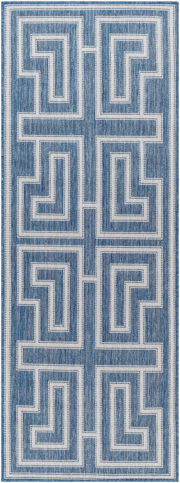 Close-up of Taro Blue Area Rug, featuring a geometric maze pattern in denim blue and white. Design-Runner-2773