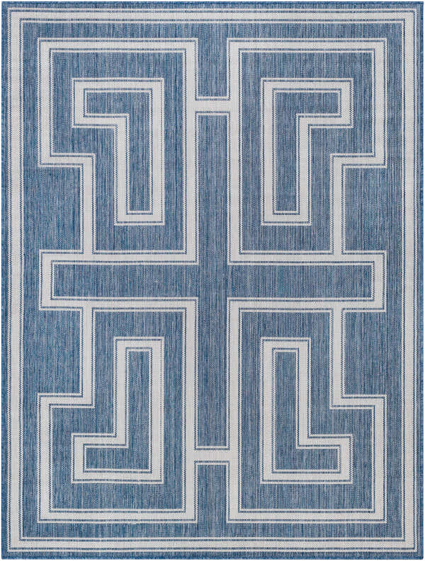 Close-up of the Taro Blue Area Rug, featuring a geometric maze pattern in denim blue and white. Design-Rectangle-537