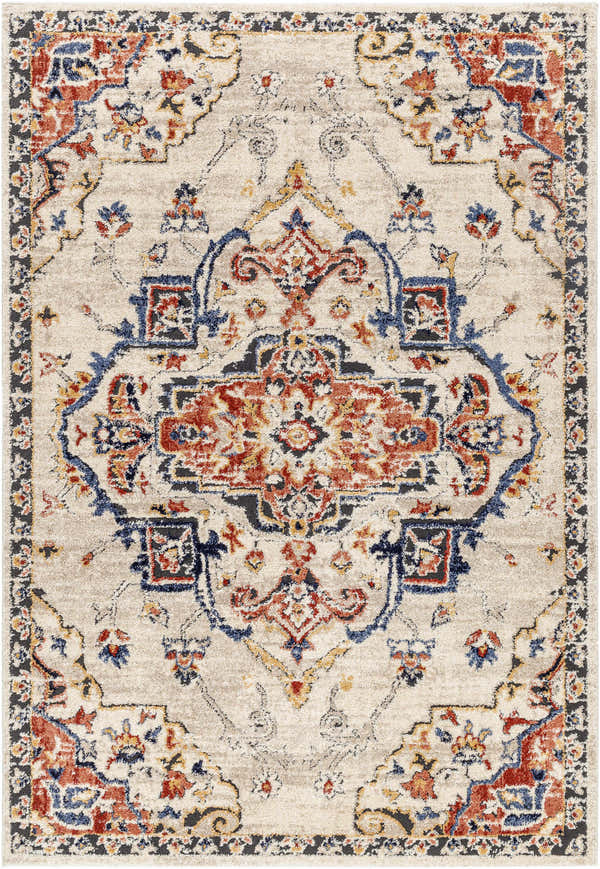 Detailed beige Karah Area Rug with traditional red, blue, and gold floral medallion pattern. Design-Rectangle-537