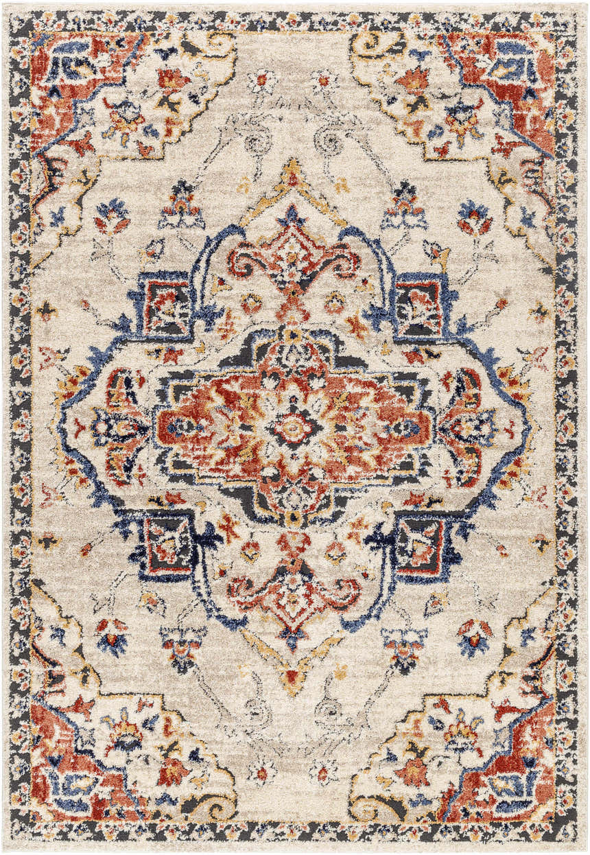 Detailed beige Karah Area Rug with traditional red, blue, and gold floral medallion pattern. Design-Rectangle-537
