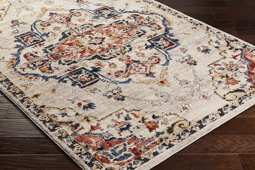 Close-up of the Karah Area Rug, a beige and bone traditional rug with red and blue floral accents. Corner