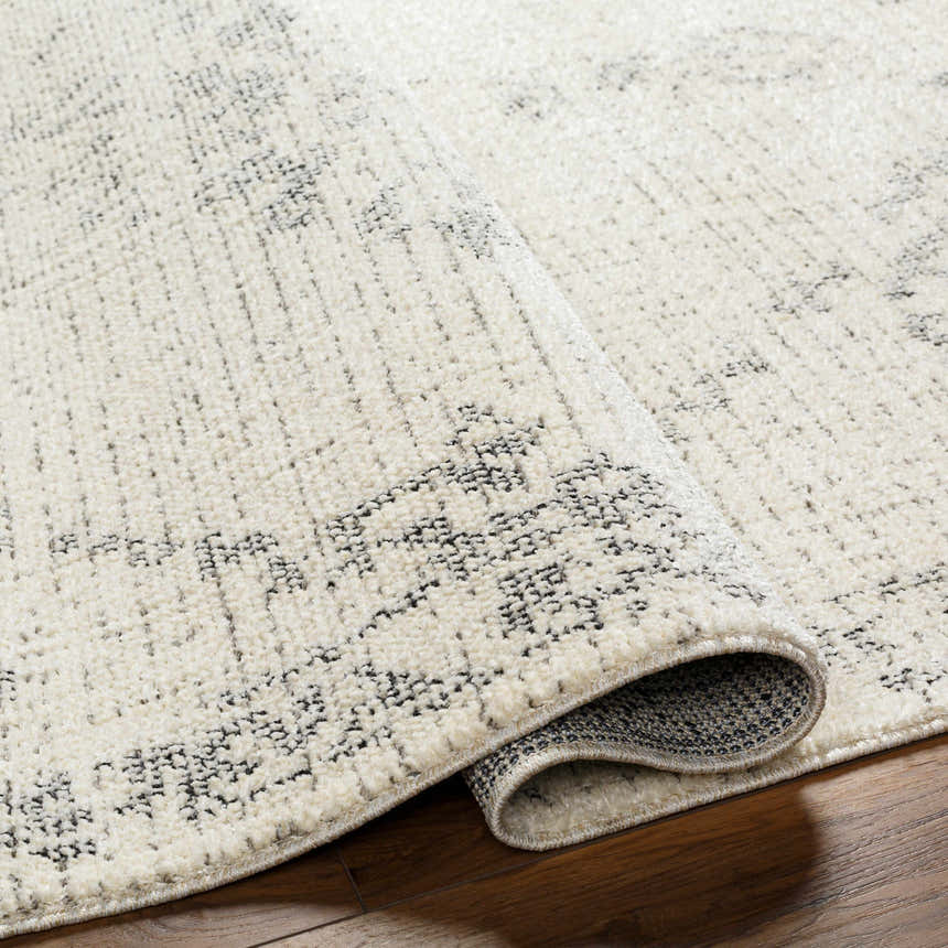 Close-up of the Tait Area Rug showing its bone color, subtle dark gray pattern, and soft, textured pile. Fold