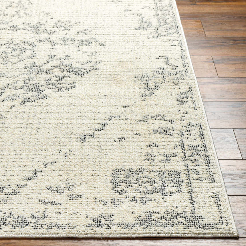 Close-up of the Tait Area Rug in bone and dark gray with a traditional pattern and soft, textured weave. Front