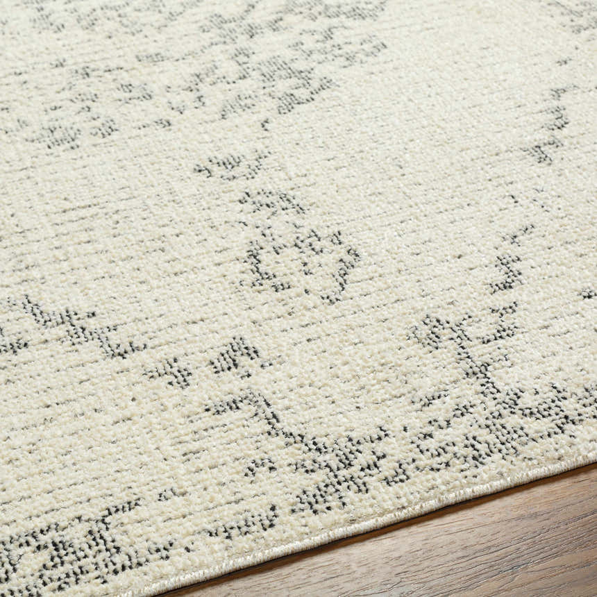 Close up of the bone and dark gray Tait Area Rug, a traditional machine woven rug. Texture