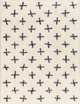 Close-up of the Bede Washable Area Rug - Clearance, featuring a beige base with a charcoal plus sign geometric pattern. Design-Rectangle-537