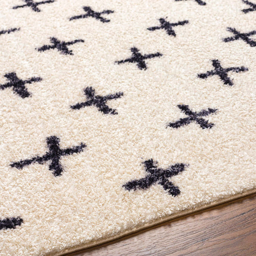 Close-up of the beige Bede Washable Area Rug with a charcoal plus sign geometric pattern and soft, textured pile. Texture
