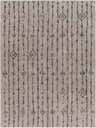 Close-up of the Demi Gray Washable Area Rug, featuring a gray shag texture and dark brown geometric vertical stripes. Design-Rectangle-537