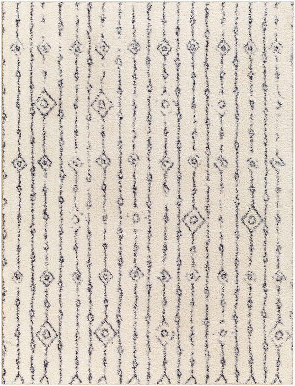 Close-up of Demi Beige Washable Area Rug. Cream shag rug with vertical lines and diamond pattern. Bohemian style. Design-Rectangle-537