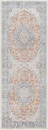 Close-up of the Emke Rust Washable Area Rug, featuring a traditional faded driftwood and nutmeg floral pattern. Design-Runner-2773