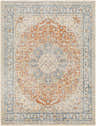 Close-up of Emke Rust Washable Area Rug. Features traditional design in rust, beige, gray, and blue tones. Machine woven texture. Design-Rectangle-537