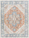 Detailed close up of the Ezri Rust Washable Area Rug, featuring a traditional rust, beige, and blue pattern. Design-Rectangle-537