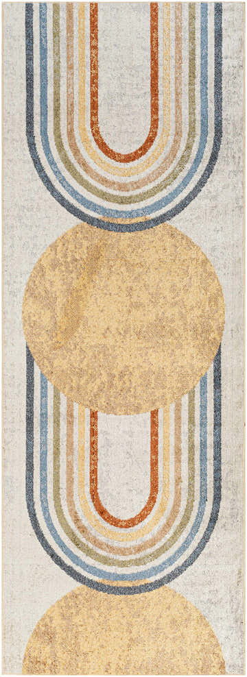 Close-up of the Giza Washable Area Rug featuring a retro arch and circle pattern in mustard, blue, rust, and tan hues. Design-Runner-2773