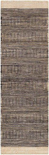 Close-up of the Black Elle Area Rug featuring a geometric, hand-woven design in black and natural jute. Design-Runner-268